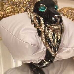 1980s enamel rhinestone black lion green eye gold trim  hinged bracelet